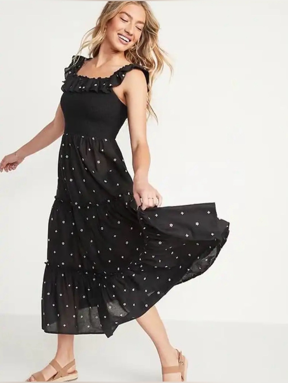 Old Navy Black Maxi Dress with Ruffle Neckline and Tiny White Embroidery